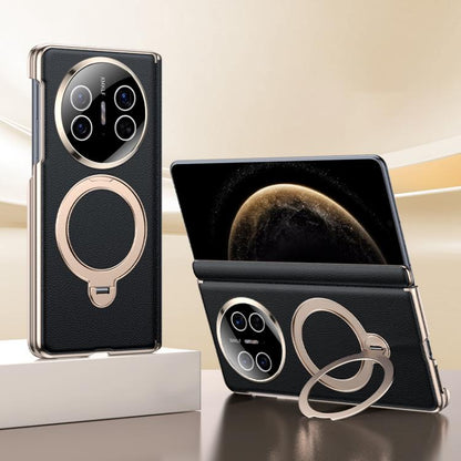 Black vegan leather phone case with magnetic ring holder and folding cover