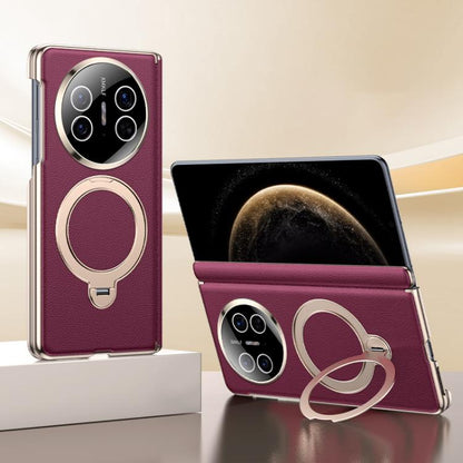 Maroon vegan leather folding phone case with magnetic ring holder, back and folded views