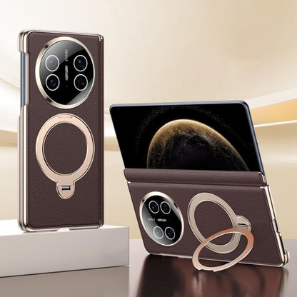 Brown vegan leather folding phone case with magnetic ring holder, back and folded views