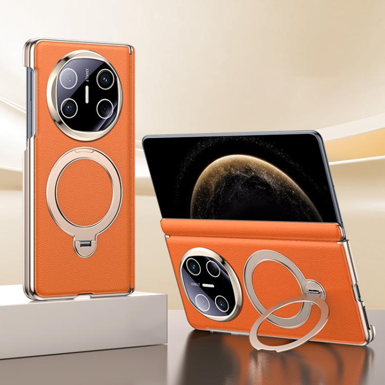 Orange vegan leather folding phone case with magnetic ring holder and camera cutouts