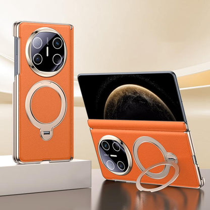 Orange vegan leather folding phone case with magnetic ring holder and camera cutouts