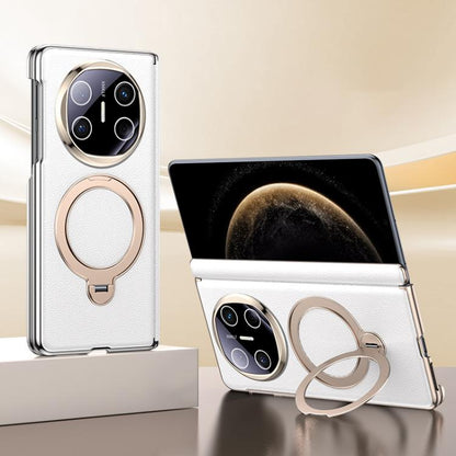White vegan leather folding phone case with magnetic ring holder and camera cutouts