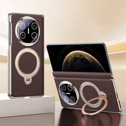 Brown vegan leather folding phone case with magnetic ring holder and camera cutouts