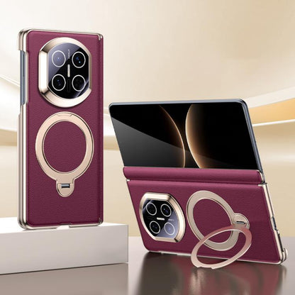 Burgundy vegan leather folding phone case with magnetic ring holder and camera cutouts