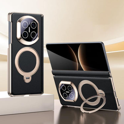 Black vegan leather folding phone case with magnetic ring holder and camera cutouts