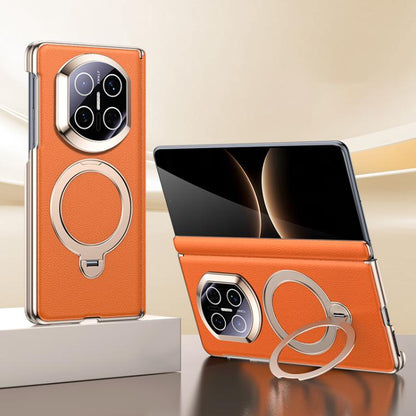 Orange vegan leather folding phone case with magnetic ring holder and camera cutouts