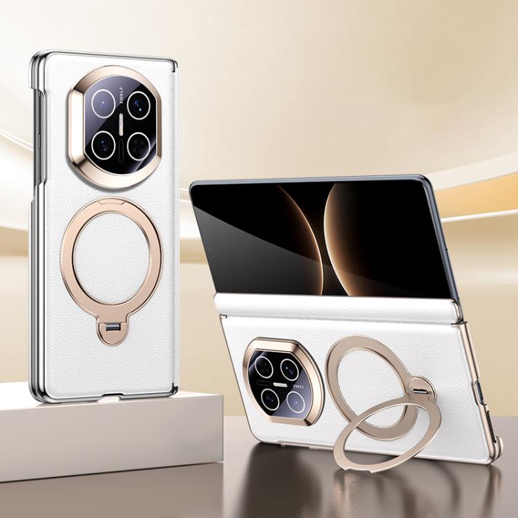 White vegan leather folding phone case with magnetic ring holder and camera cutouts