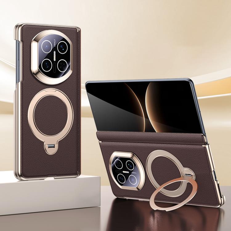 Brown vegan leather folding phone case with magnetic ring holder and camera cutouts