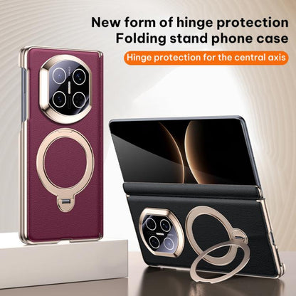 Burgundy vegan leather folding phone case with magnetic ring stand and camera cutout