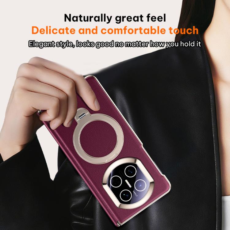 Burgundy folding phone case with magnetic ring, camera cutout, and smooth surface