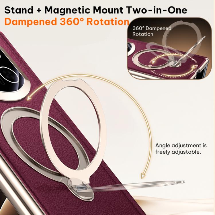 Burgundy folding phone case with magnetic ring stand for adjustable viewing angles