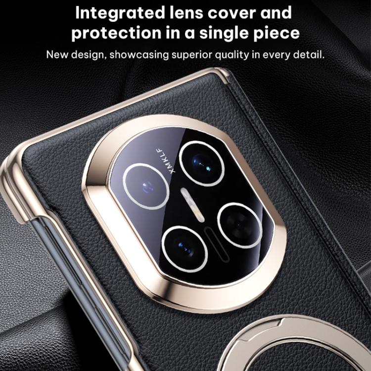Black vegan leather folding phone case with magnetic ring and dual camera opening