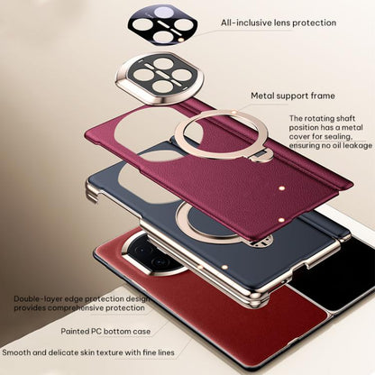 Folding phone case with metal support frame and magnetic ring; shown in burgundy and black