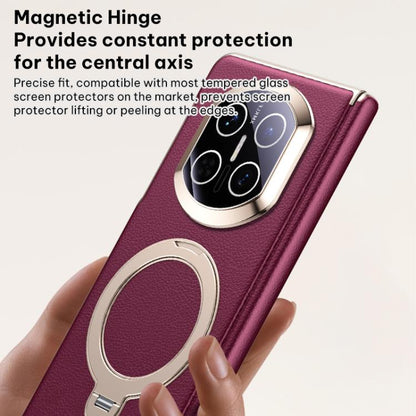 Burgundy vegan leather folding phone case with magnetic hinge and centered camera cover