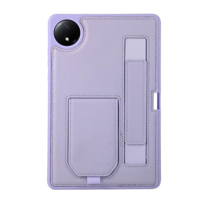 Purple folio tablet case with hand grip pocket and vertical pen slot, stitched accents