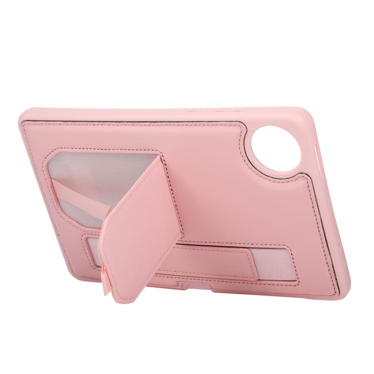 Pink tablet case with hand grip stand, camera cutout, and stitched card slots