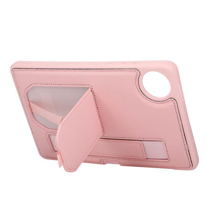 Pink tablet case with hand grip stand, camera cutout, and stitched card slots
