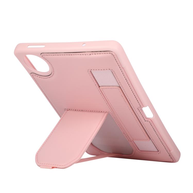 Pink tablet case with hand grip stand and pen slot pocket, angled front support