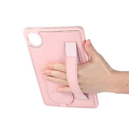 Pink folio tablet case with hand grip pocket and pen slot, shown with hand