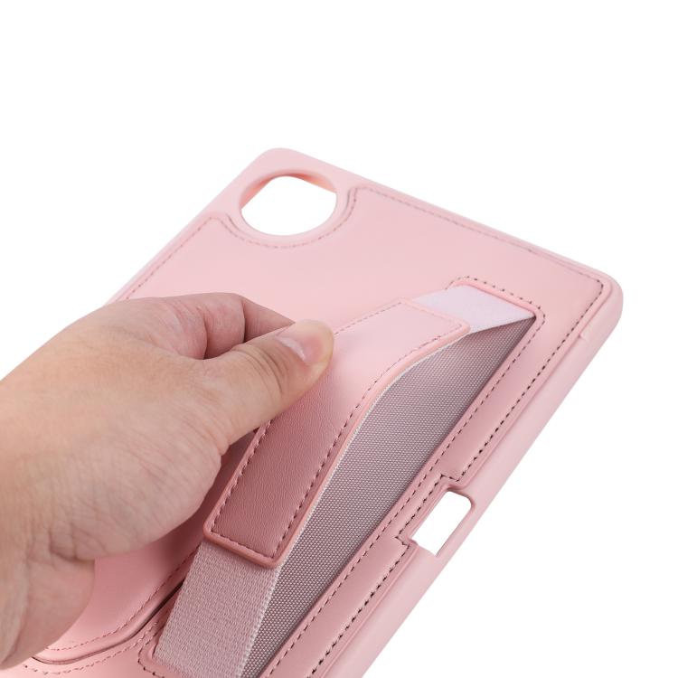 Pink tablet case with textured hand grip strap and pen slot pocket, close-up