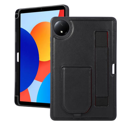 Black tablet case with hand grip pocket and pen slot, stitched folio design