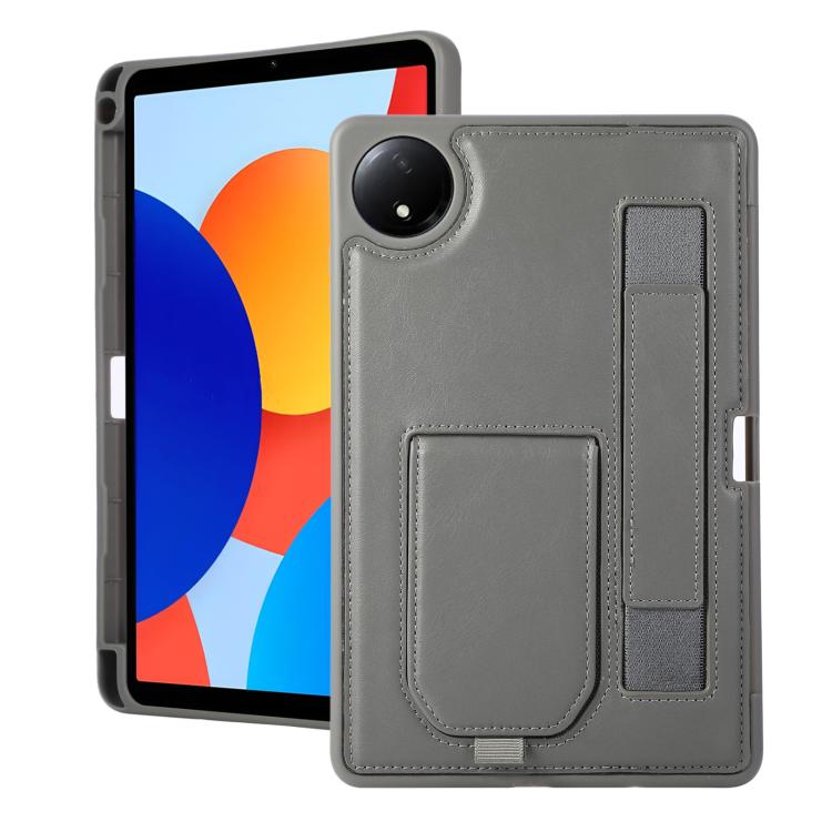 Grey tablet case with hand grip pocket and pen slot, stitched front panel