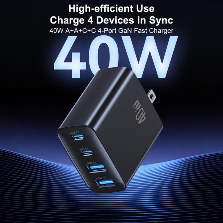 USAMS 4-port GaN fast charger, compact black cube with blue USB ports