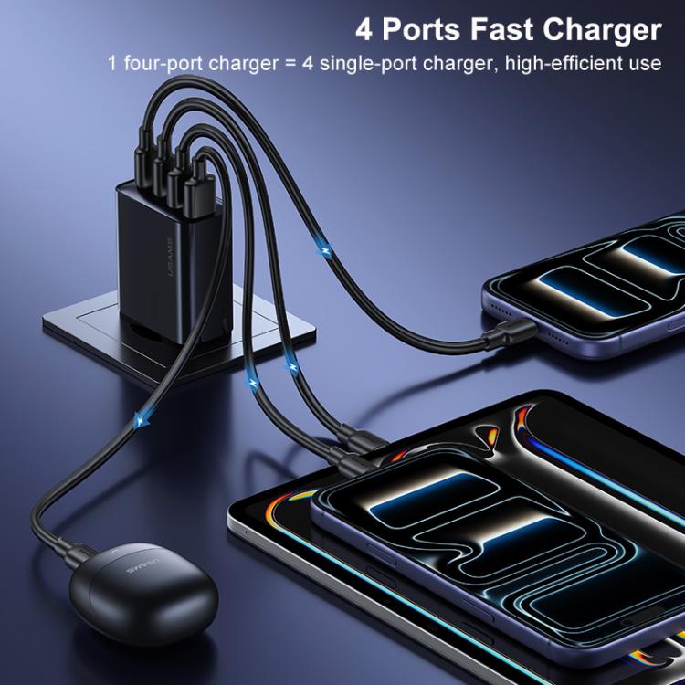 USAMS 4-port GaN fast charger with cables, compact black cube, blue charging ports