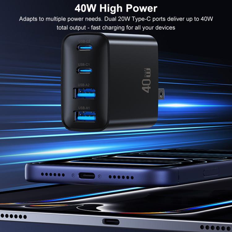 USAMS 40W GaN fast charger showing side panel ports, black, blue USB outputs