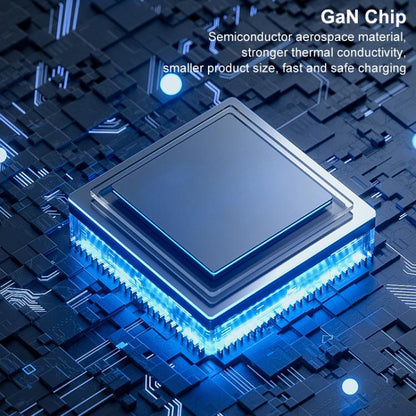 GaN chip module close-up with blue circuitry, supports fast charging