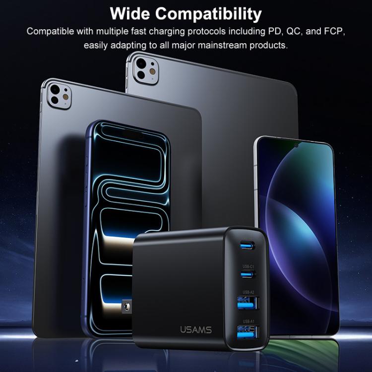 USAMS compact GaN fast charger, black with four blue USB ports