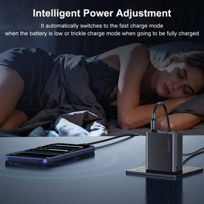 USAMS 4-port GaN fast charger on stand, black with blue USB ports and cables