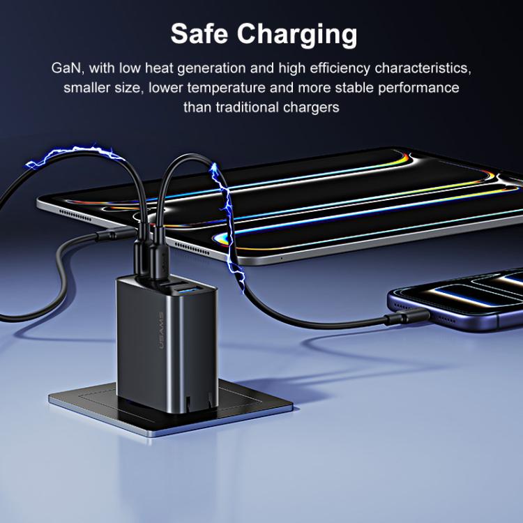 USAMS GaN fast charger, black cube with blue charging ports and connected cables