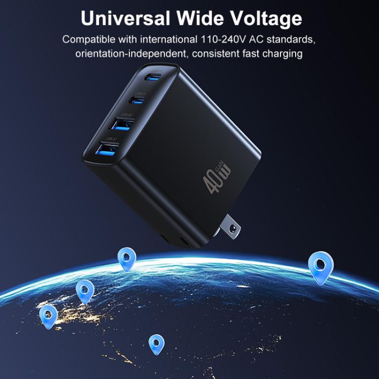 USAMS wide-voltage GaN fast charger, black cube with blue USB ports