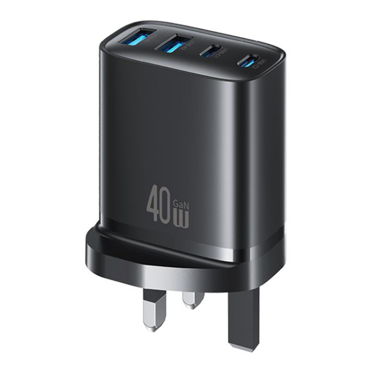 Black 40W GaN fast charger with UK plug and four ports on top