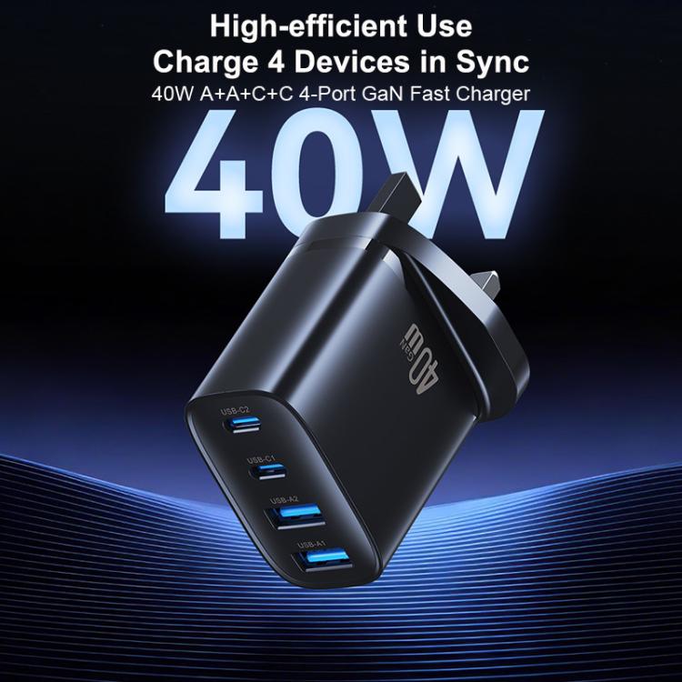 Black 4-port GaN fast charger with two USB-A and two USB-C ports