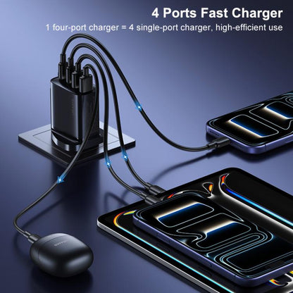 Black 4-port GaN charger standing with multiple connected cables