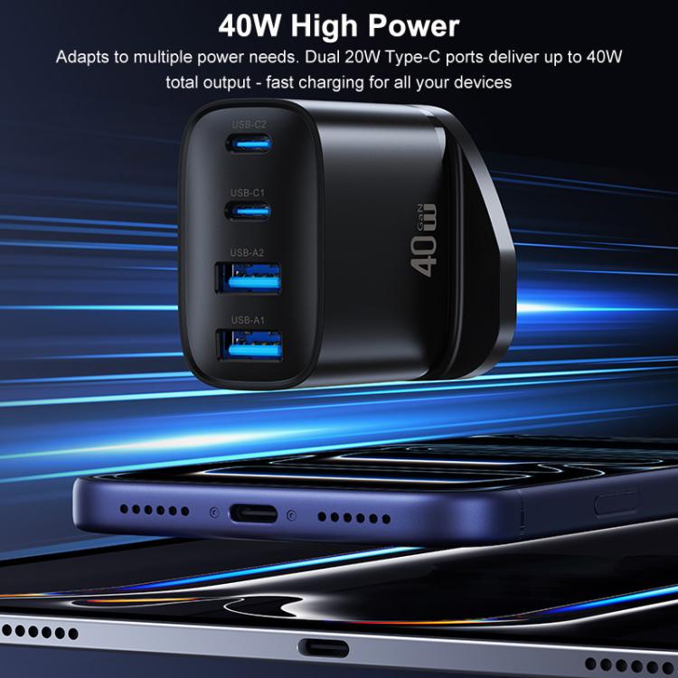 Black 40W GaN charger front view showing four blue USB ports