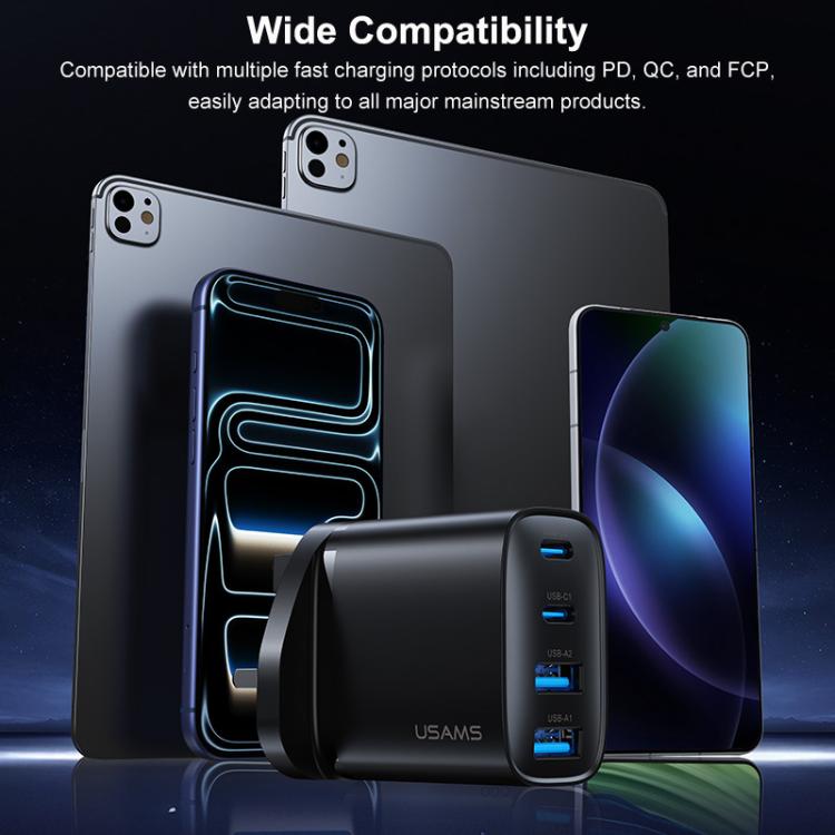 Black GaN fast charger with four USB ports and compact plug-in design