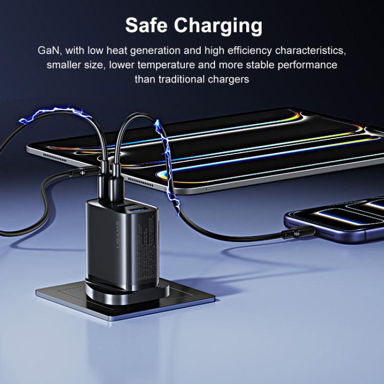 Black 4-port GaN fast charger on stand with connected charging cables