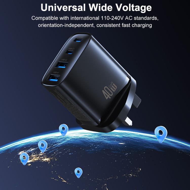 Black GaN fast charger with UK plug, ports facing upward on top edge