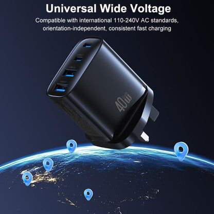 Black GaN fast charger with UK plug, ports facing upward on top edge