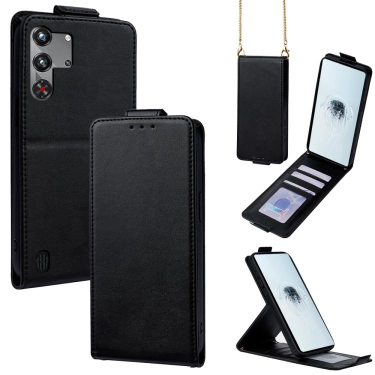 Black vertical flip wallet phone case with crossbody chain and stand cover