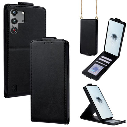 Black vertical flip wallet phone case with crossbody chain and stand cover