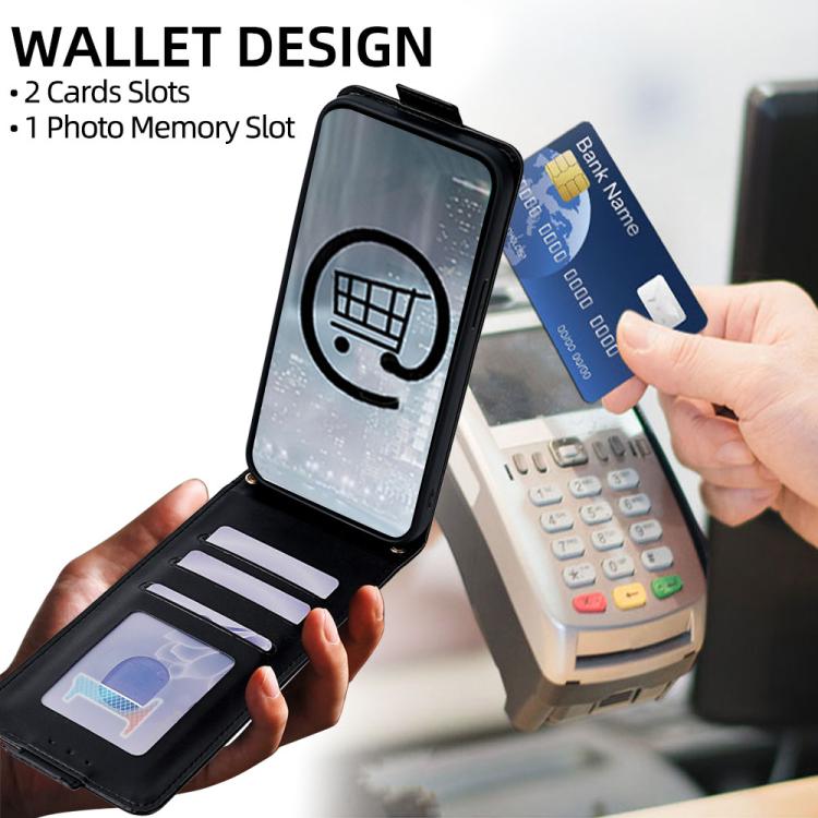 Black vertical flip wallet phone case with card slots and photo memory slot