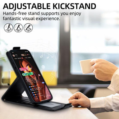 Black vertical flip phone case with adjustable kickstand for hands-free viewing