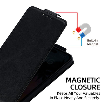 Black vertical flip phone case with magnetic closure and inner cover
