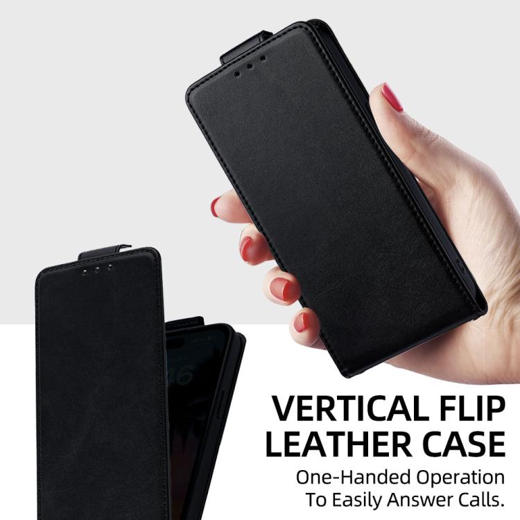 Black vertical flip leather phone case with hand-held folio cover