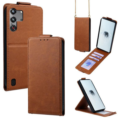 Brown vertical flip wallet phone case with crossbody chain and card pocket