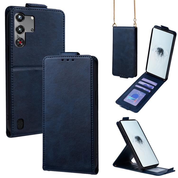 Blue vertical flip wallet phone case with crossbody chain and stand cover